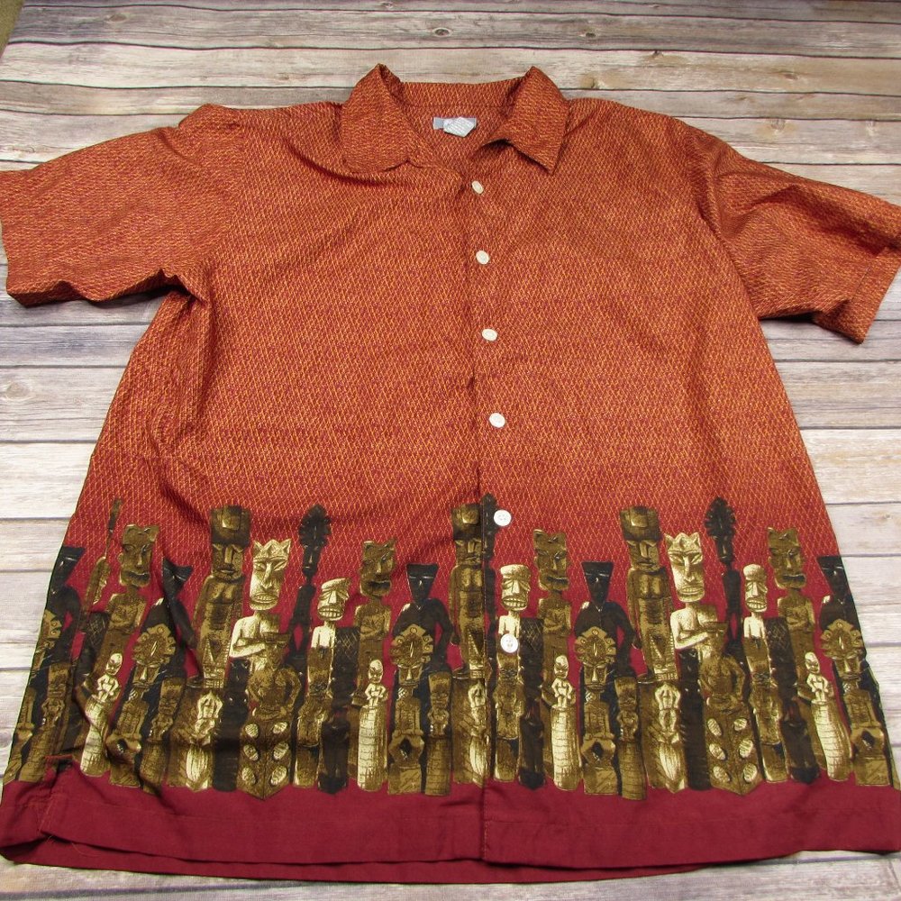 Aloha Tiki Pole Hawaiian Shirt Size L Wraparound Print Utility Brand